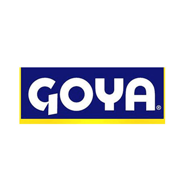 Goya logo inside a blue rectangle with white letters and a yellow border on a white background.