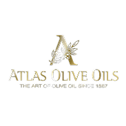 Atlas Olive Oils logo featuring a stylized olive branch emblem and gold text on a white background.
